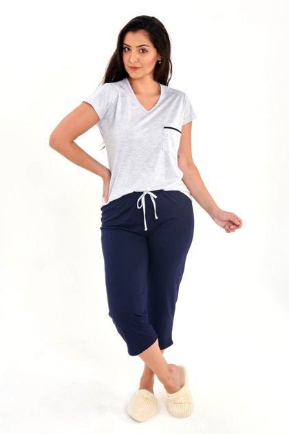 pijama feminino meia estacao com calca capri gelo mescla com marinho mania pijamas 5