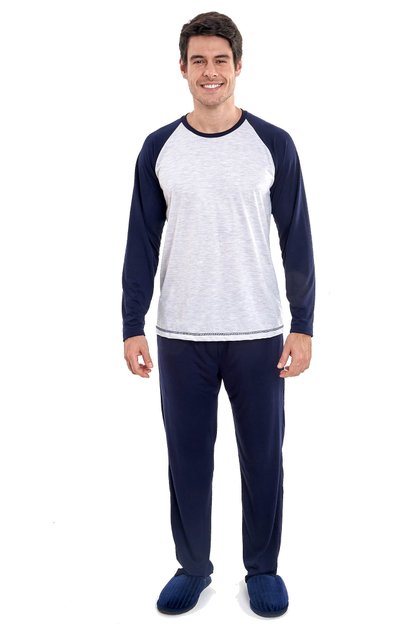 pijama masculino longo malha raglan gelo mescla e marinho 3