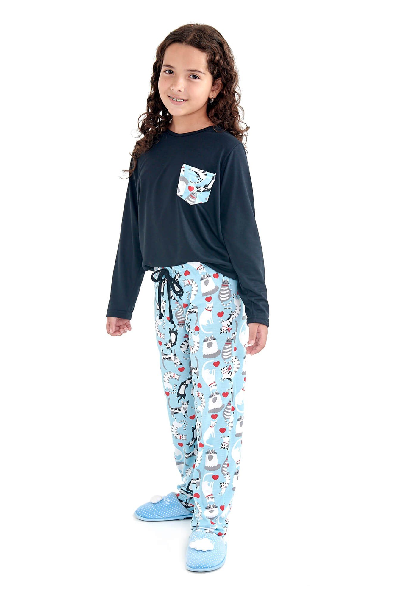 Pijama Juvenil Feminino de Menina Longo Gatinhos