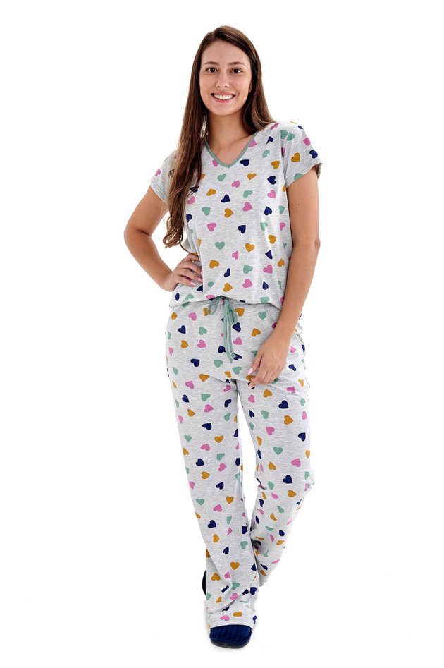 pijama feminino meia estacao estampado coracoes coloridos calca flare 5