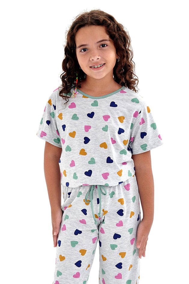 Pijama Infantil Feminino Manga Curta com Calça Corações