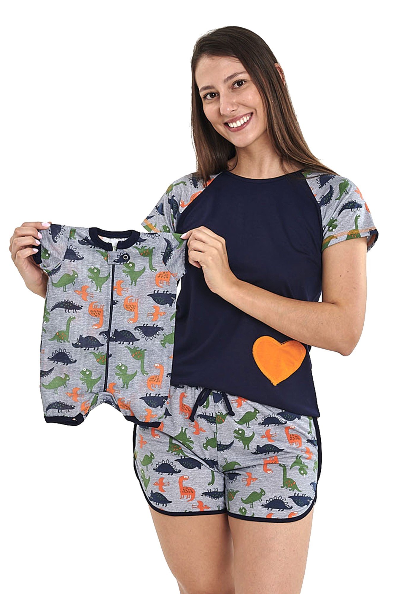 Kit Pijamas Mamãe e Bebê Iguais - Dinossauros Marinho