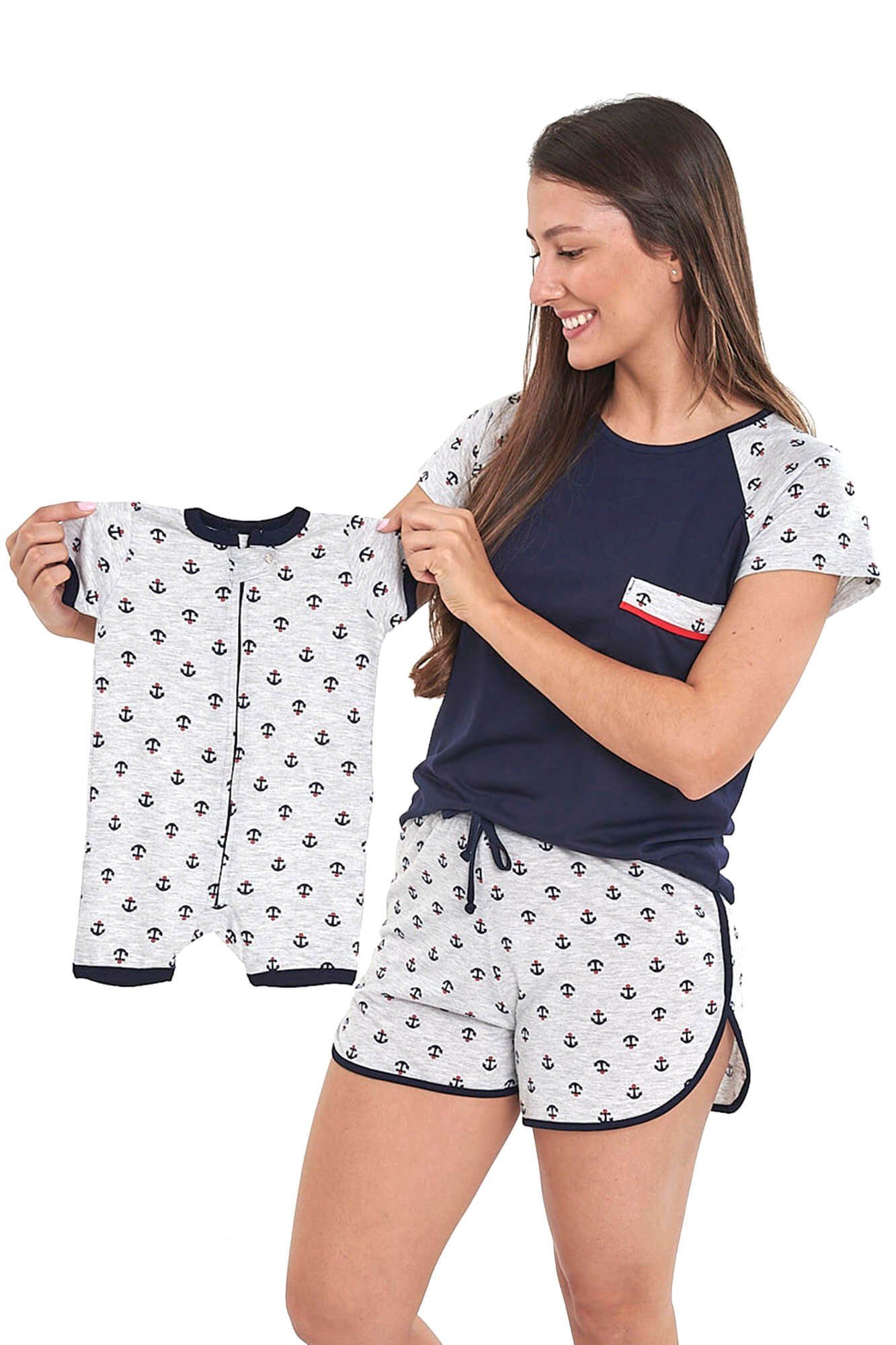 Kit Pijamas Mamãe + Bebê Iguais Curto - Estampa Náutica