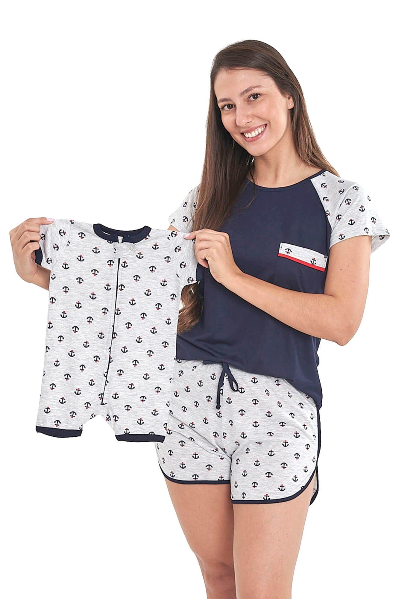 Kit Pijamas Mamãe + Bebê Iguais Curto - Estampa Náutica