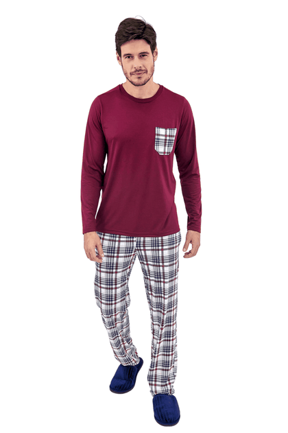 pijama masculino inverno xadrez longo vinho mania pijamas 2