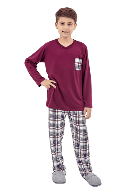 pijama infantil menino inverno longo xadrez vinho 4