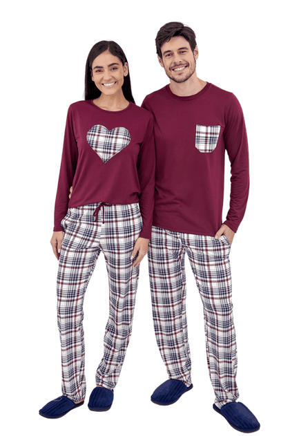 kit pijamas casal namorados xadrez vinho longo 2