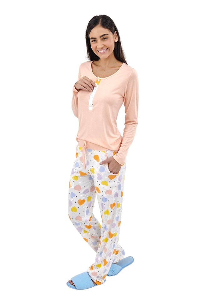 pijama feminino amamentacao gestante longo inverno pessego coracoes coloridos 4