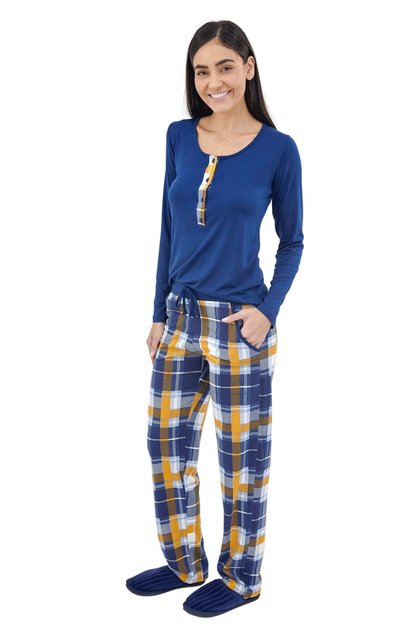 pijama feminino amamentacao gestante longo inverno xadrez mostarda marinho 6
