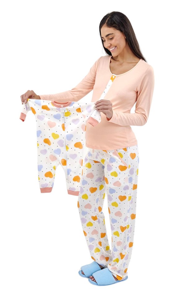 kit pijamas mamae bebe longo inverno pessego coracoes coloridos 2