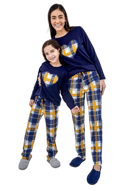 kit pijama longo mae filha xadrez marinho mostarda mania pijamas 2