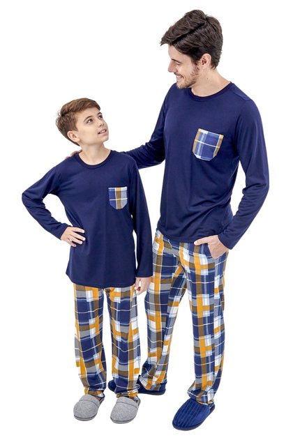 kit pijama longo pai filho xadrez marinho mostarda mania pijamas 1