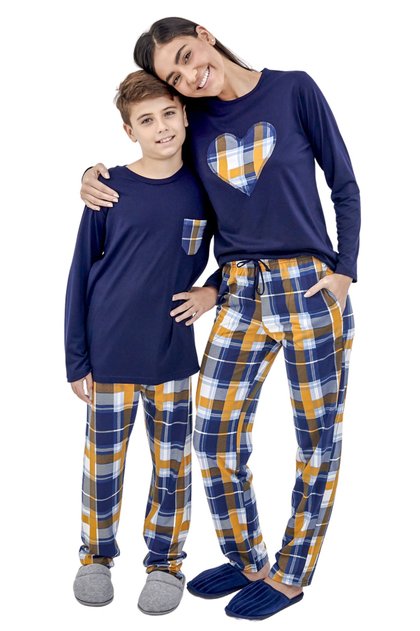 kit pijama longo mae filho xadrez marinho mostarda mania pijamas 2