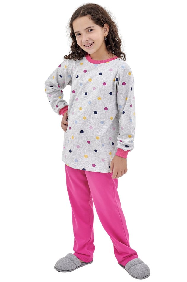 pijama infantil feminino flanelado longo inverno com calca poa colorido mania pijamas 1