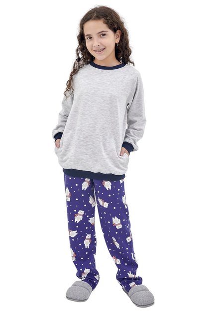 pijama infantil feminino flanelado comprido inverno urso polar mania pijamas 1