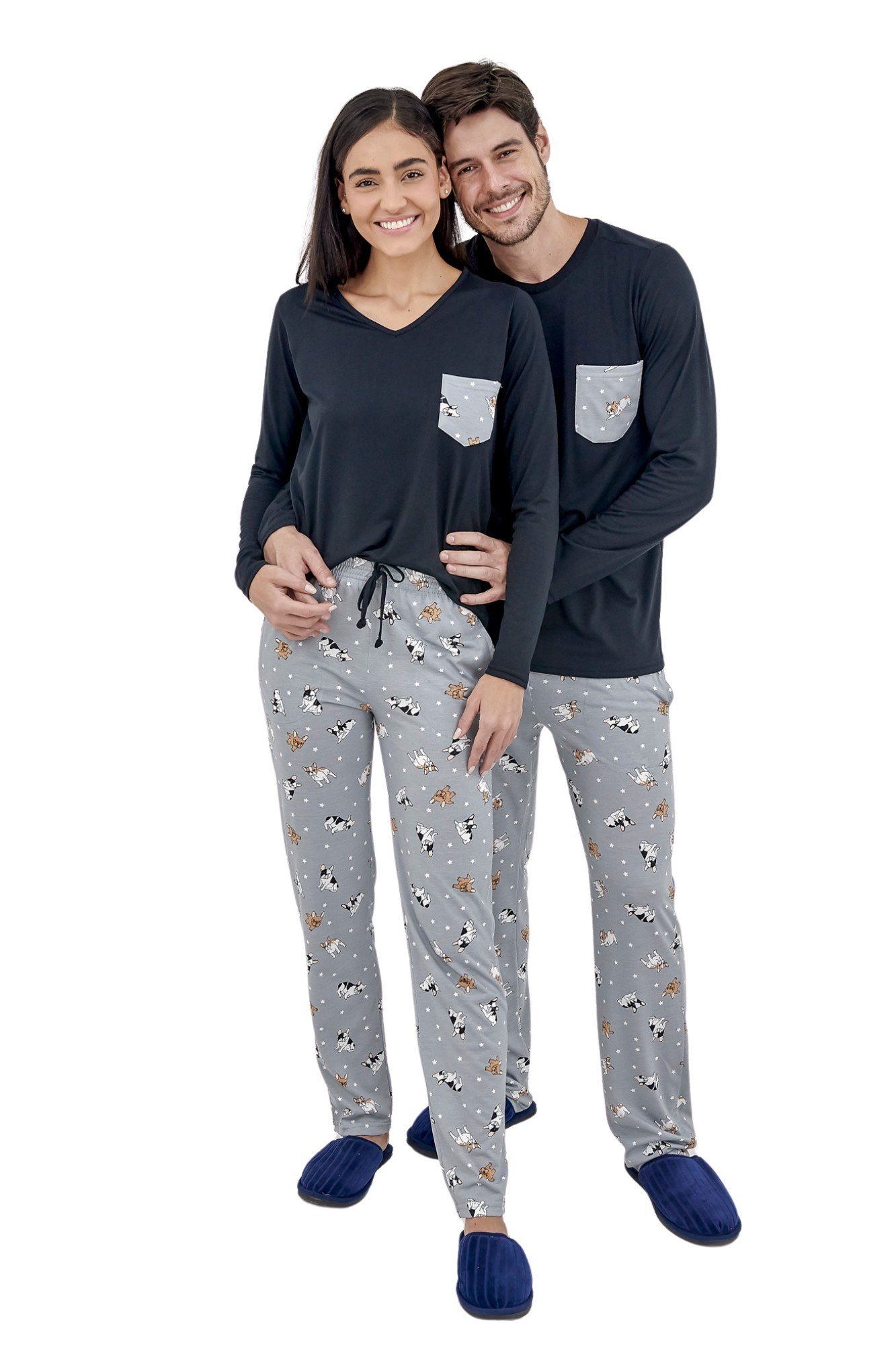Pijamas de Casal Longo com Calça - Estampa Cachorrinhos