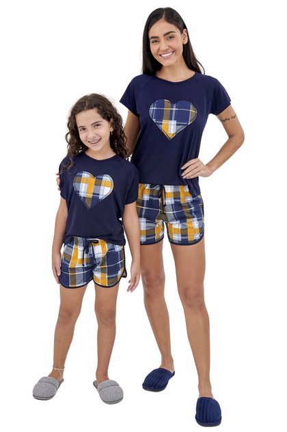 kit pijama feminino mae filha xadrez marinho mostarda verao mania pijamas 2
