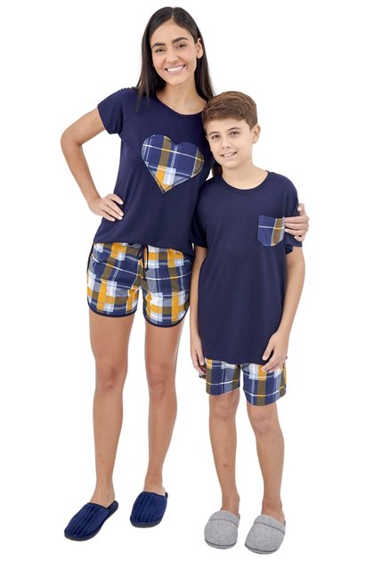 kit pijama mae filho xadrez marinho mostarda verao mania pijamas 2