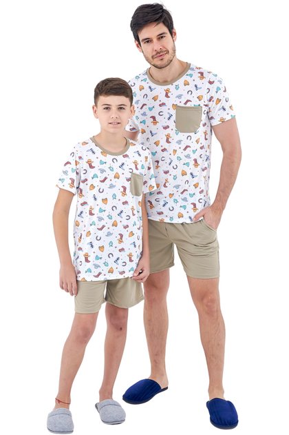 Kit de Pijamas Pai e Filho Curto com Shorts Estampa Country