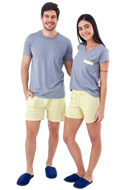 pijama para casal curto verao xadrez amarelo mania pijamas 1