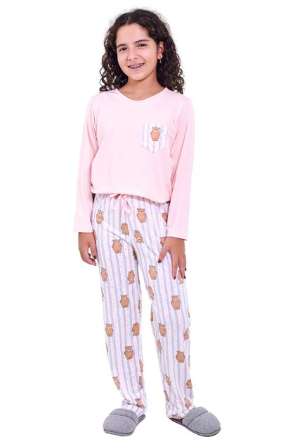 pijama infantil menina longo ursinhos listrados mania pijamas 2025 1
