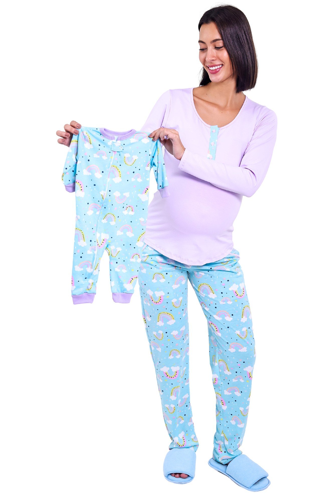 Kit Pijamas Longo Mamãe e Bebê Iguais - Estampa Arco Íris