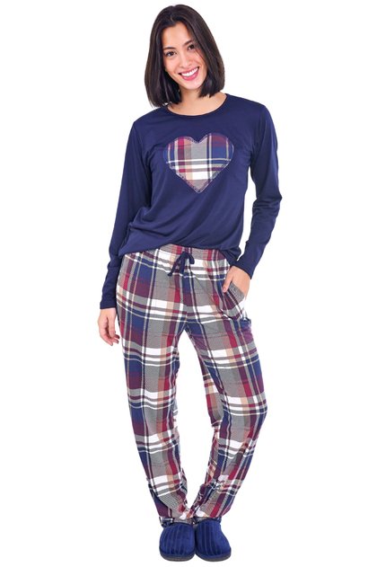 pijama feminino longo xadrez marinho mania pijamas 2025