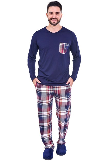 pijama masculino longo xadrez marinho mania pijamas 2025