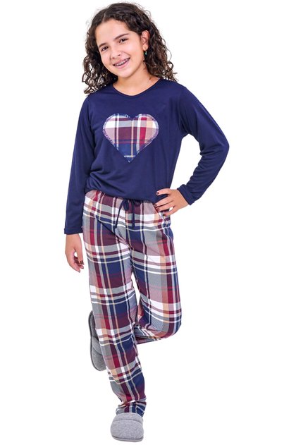 pijama infantil menina longo xadrez marinho mania pijamas 2025 5