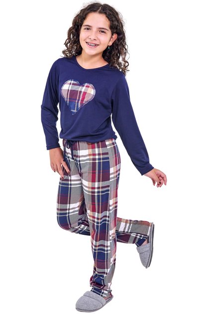 pijama infantil menina longo xadrez marinho mania pijamas 2025