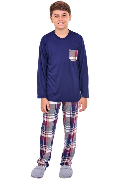 pijama infantil menino longo xadrez marinho mania pijamas 2025