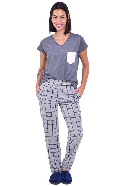pijama feminino adulto longo meia estacao grid chumbo 1