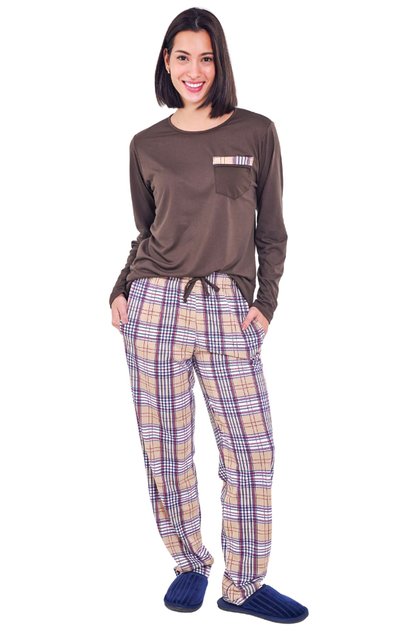 pijama adulto feminino longo xadrez marrom mania pijamas 2025