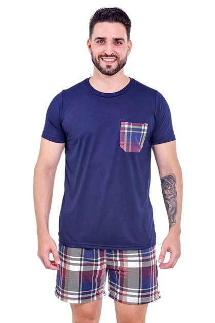 pijama masculino curto verao xadrez marinho mania pijamas 2025 5