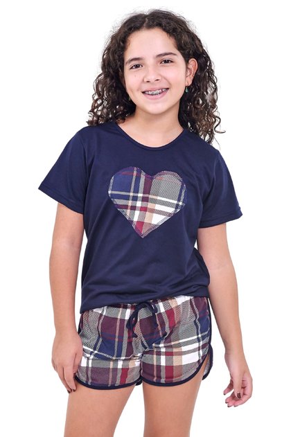 pijama infantil menina curto xadrez marinho verao mania pijamas 2025