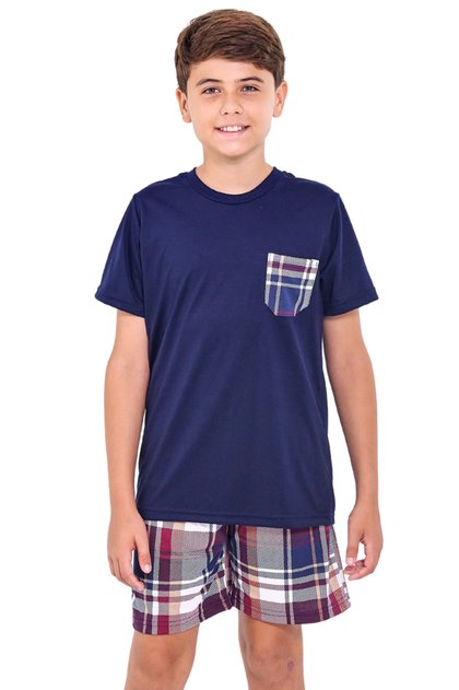 pijama infantil menino curto xadrez marinho verao mania pijamas 2025