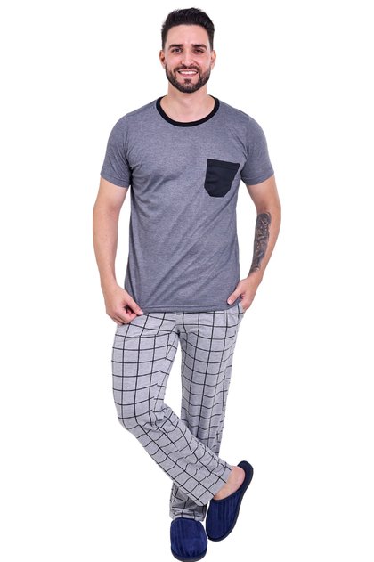 pijama masculino meia estacao grid chumbo mania pijamas