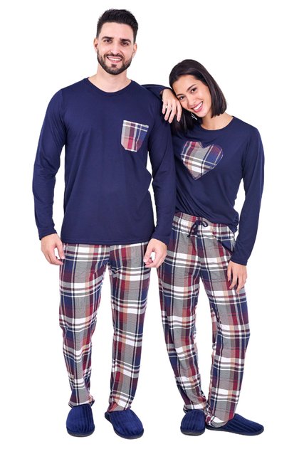 kit pijamas casal longo xadrez mcom marinho mania pijamas