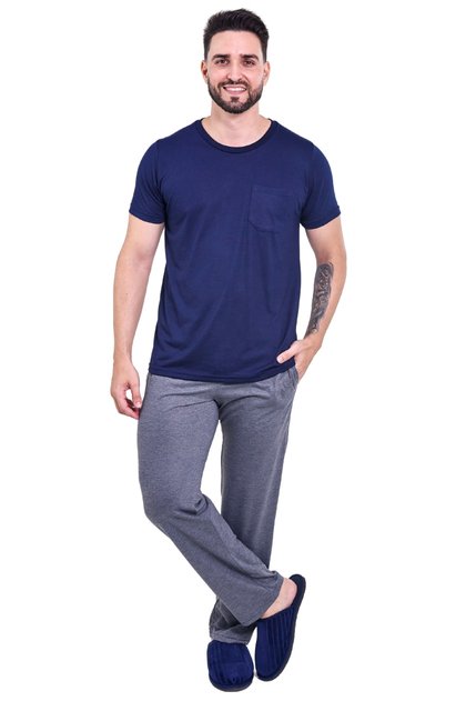 pijama masculino meia estacao basico marinho chumbo mania pijamas