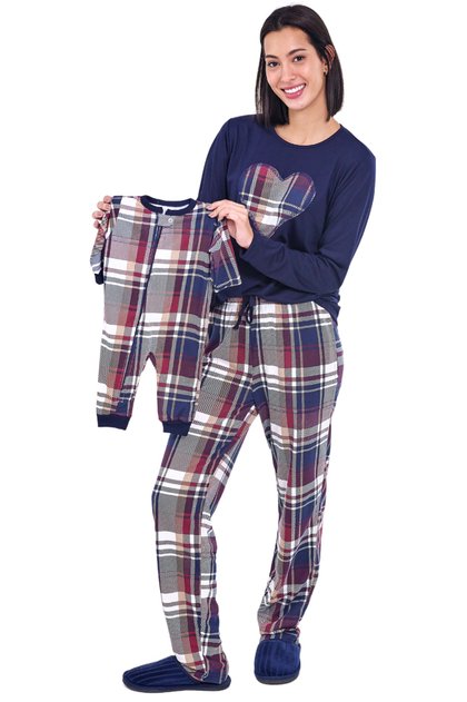 kit mae bebe longo xadrez com marinho mania pijamas 1