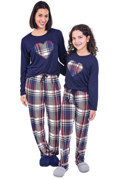 kit mae filha longo xadrez marinho mania pijamas