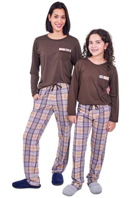 kit mae filha longo xadrez marrom mania pijamas