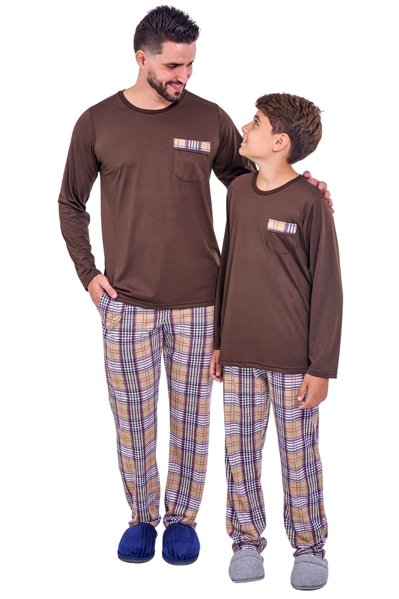 Kit Pijamas Pai e Filho Longo com Calça - Estampa Xadrez Marrom