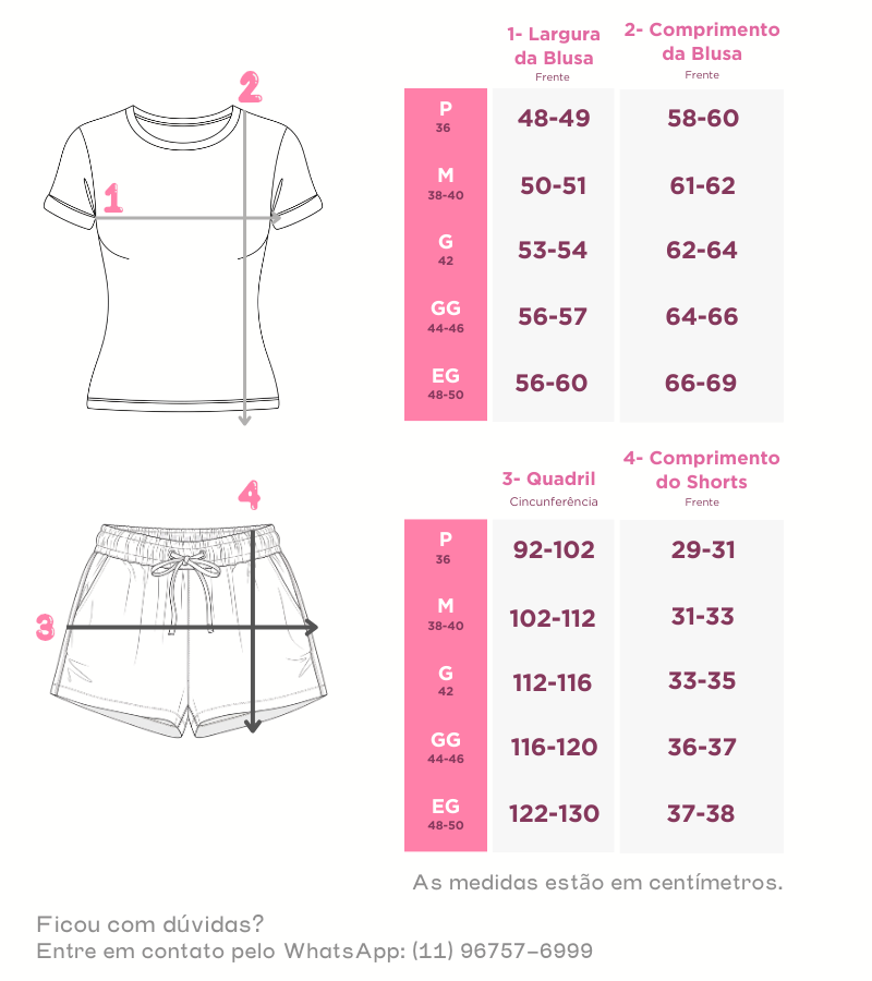 tabela de medidas feminino curto atualizada